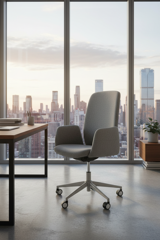 Cadeira British cinzenta em escritório com skyline urbano