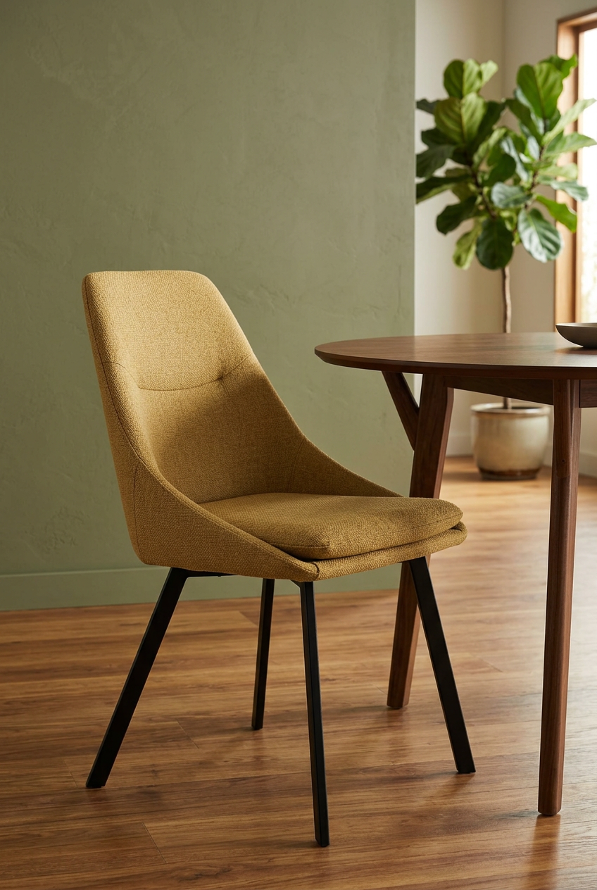 Cadeira Tyra mostarda em ambiente mid-century