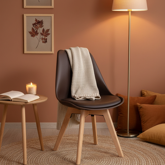 Cadeira Skagen Castanha — canto acolhedor hygge com mesa lateral em madeira e velas