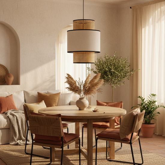 Candeeiro Suspenso LUJAR em rattan e tecido branco em ambiente boho mediterrâneo — tons terracota com luz quente filtrada pelo rattan