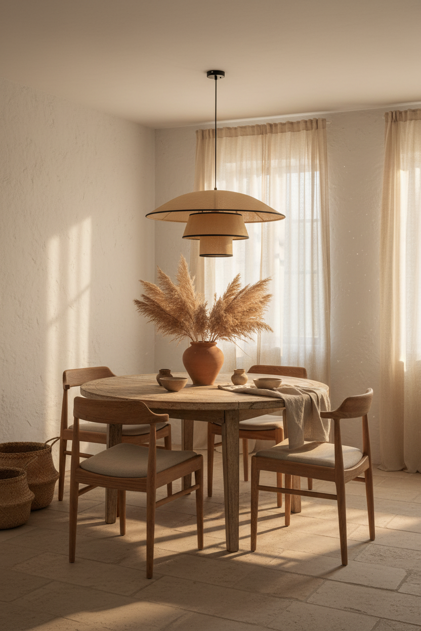 Candeeiro Suspenso Turon em ambiente boho mediterrânico com mesa de jantar, luz quente e decoração natural