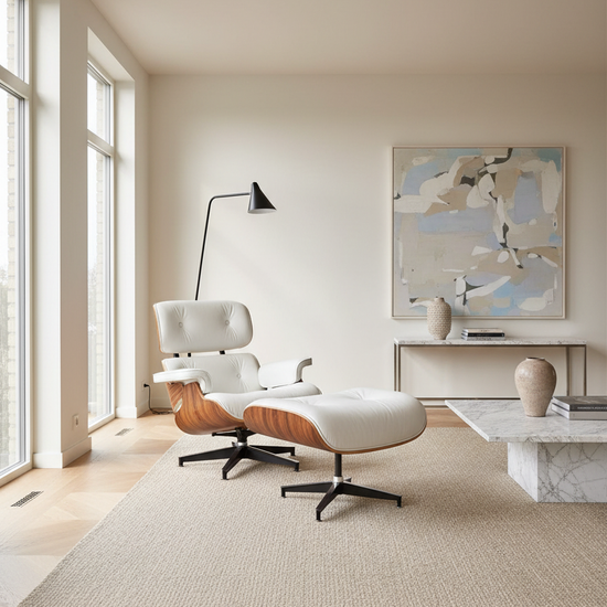 Poltrona Roterdão Branca — ambiente sala de estar luxuosa e elegante, inspirada na Eames Lounge Chair, pele natural branca e madeira de pau rosa