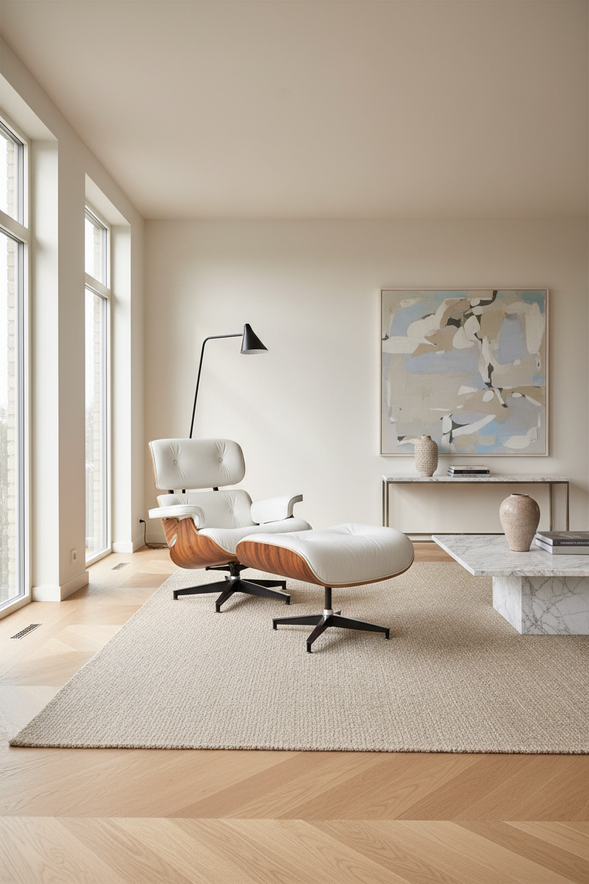 Poltrona Roterdão Branca — ambiente sala de estar luxuosa e elegante, inspirada na Eames Lounge Chair, pele natural branca e madeira de pau rosa