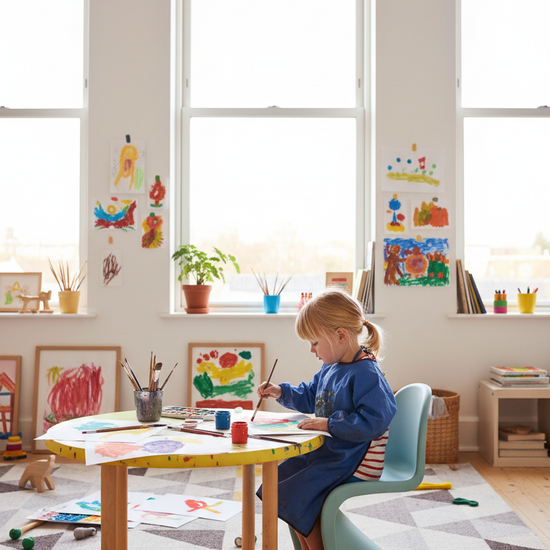 Cadeira Wavy Kids Azul Água em estúdio criativo com criança a pintar