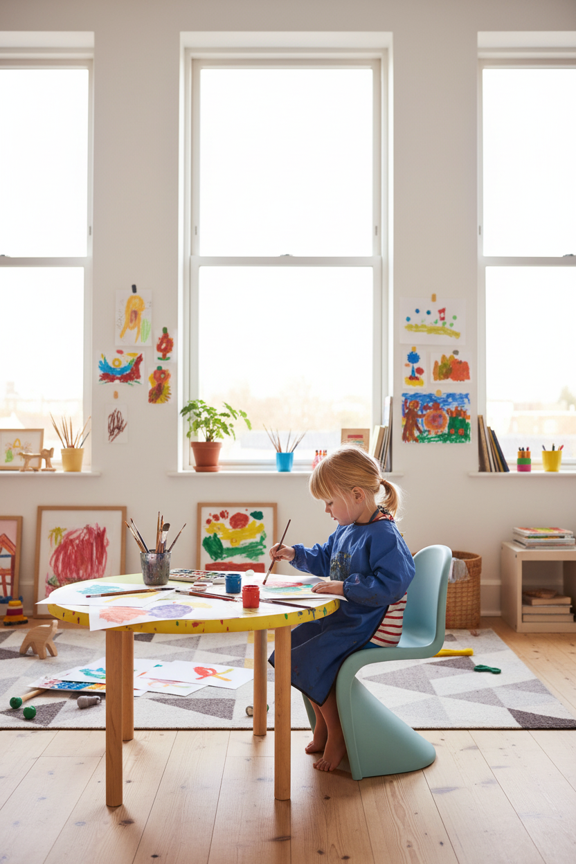 Cadeira Wavy Kids Azul Água em estúdio criativo com criança a pintar