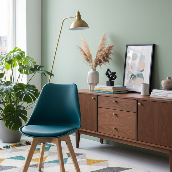 Cadeira Skagen Verde Azulado — sala moderna eclética com parede verde-salva e planta monstera