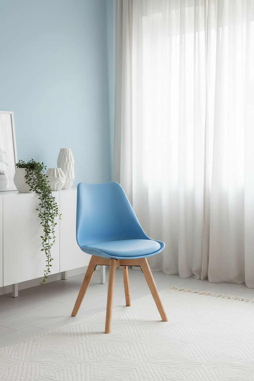 Cadeira Skagen Azul Céu — sala de estar serena nórdica com aparador branco e vasos cerâmicos