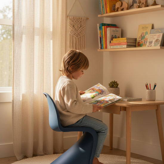 Cadeira Wavy Kids Azul Escuro em quarto infantil com criança a ler