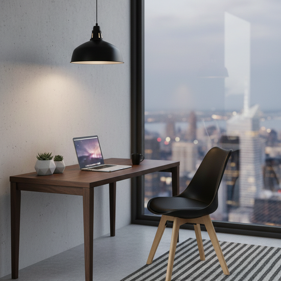 Cadeira Skagen Preta — home office contemporâneo minimalista com secretaria em nogueira