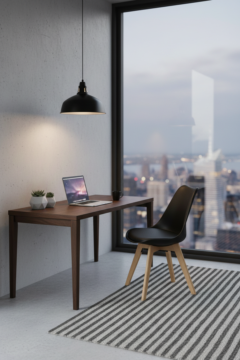 Cadeira Skagen Preta — home office contemporâneo minimalista com secretaria em nogueira