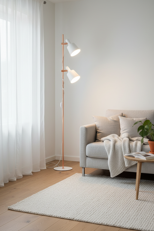 Candeeiro de Pé Pasula branco e cobre em sala de estar nórdica