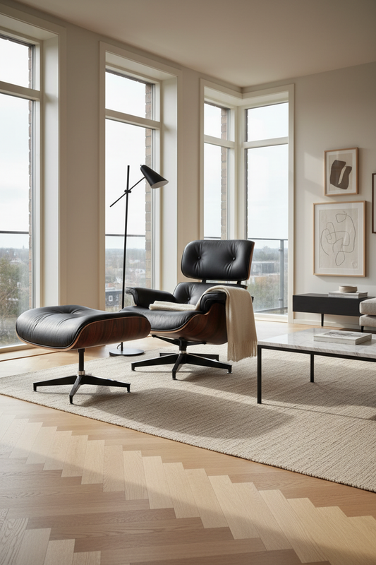 Poltrona Roterdão Preta — ambiente sala de estar moderna e sofisticada, inspirada na Eames Lounge Chair, pele natural e madeira de pau rosa