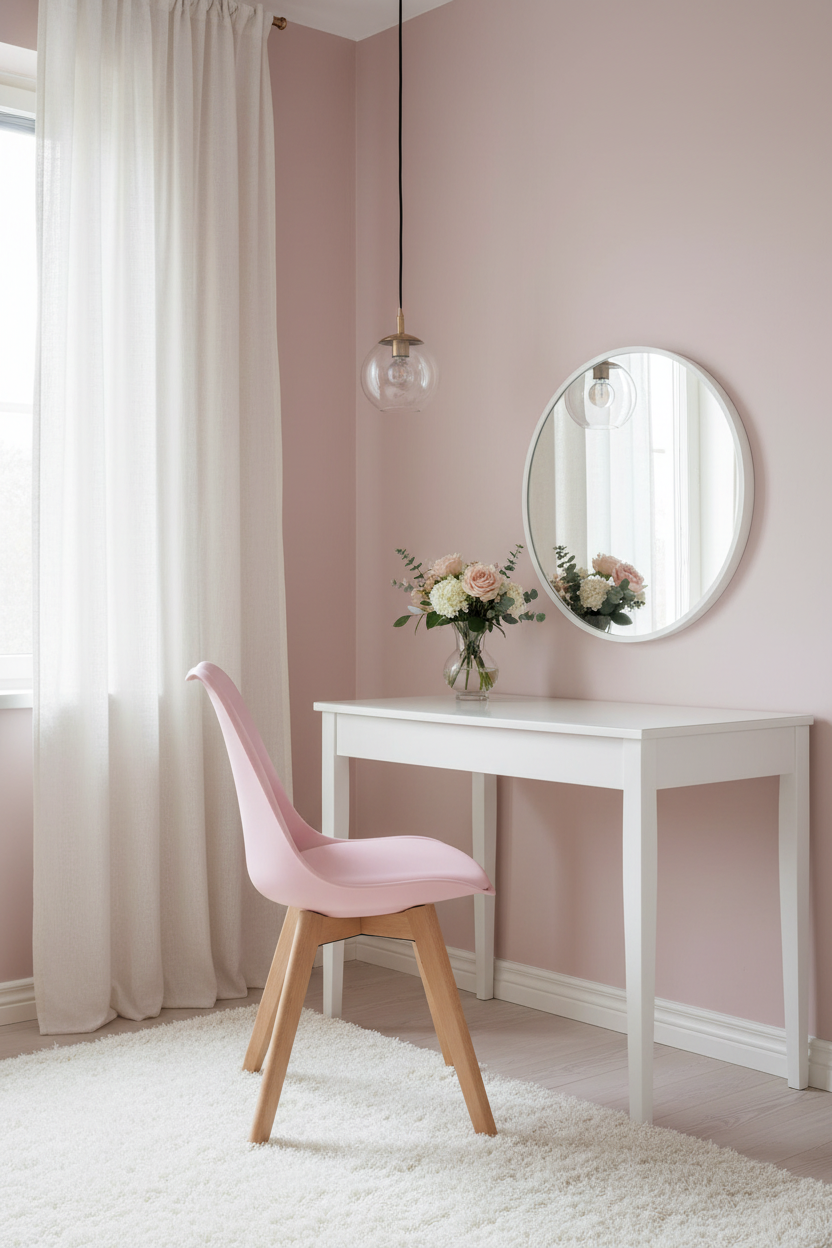 Cadeira Skagen Rosa — quarto romântico nórdico com toucador branco e flores