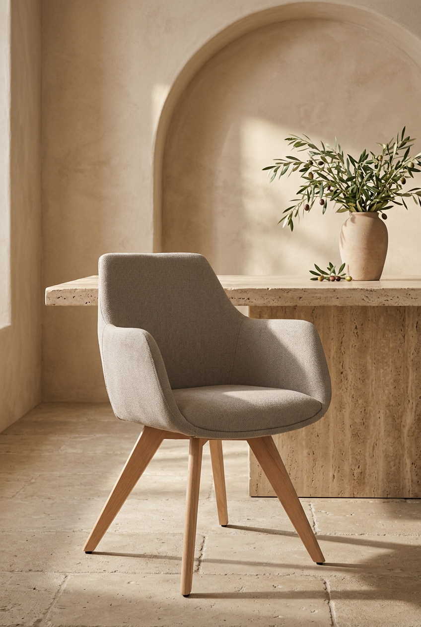 Cadeira Sharon taupe em sala de jantar de estilo mediterrânico