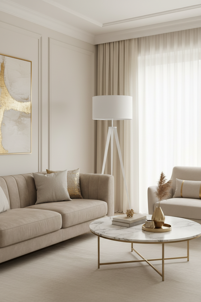 Candeeiro de pé branco em sala de estar luxuosa com sofá em veludo bege e mesa de mármore