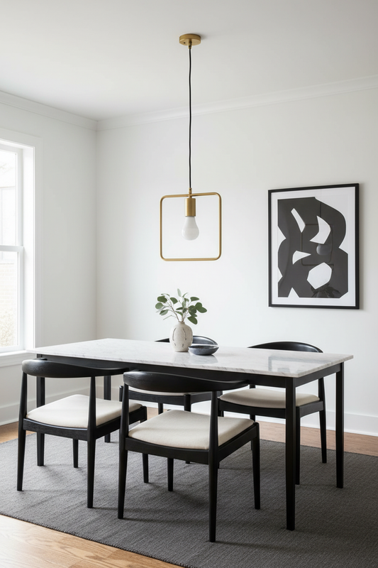 Candeeiro Suspenso HEDRA em latão dourado em ambiente contemporâneo — frame quadrado sobre mesa de mármore com luz quente