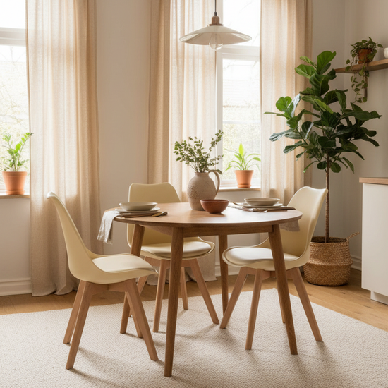 Cadeira Skagen Creme — cozinha escandinava com mesa redonda e acentos terracota