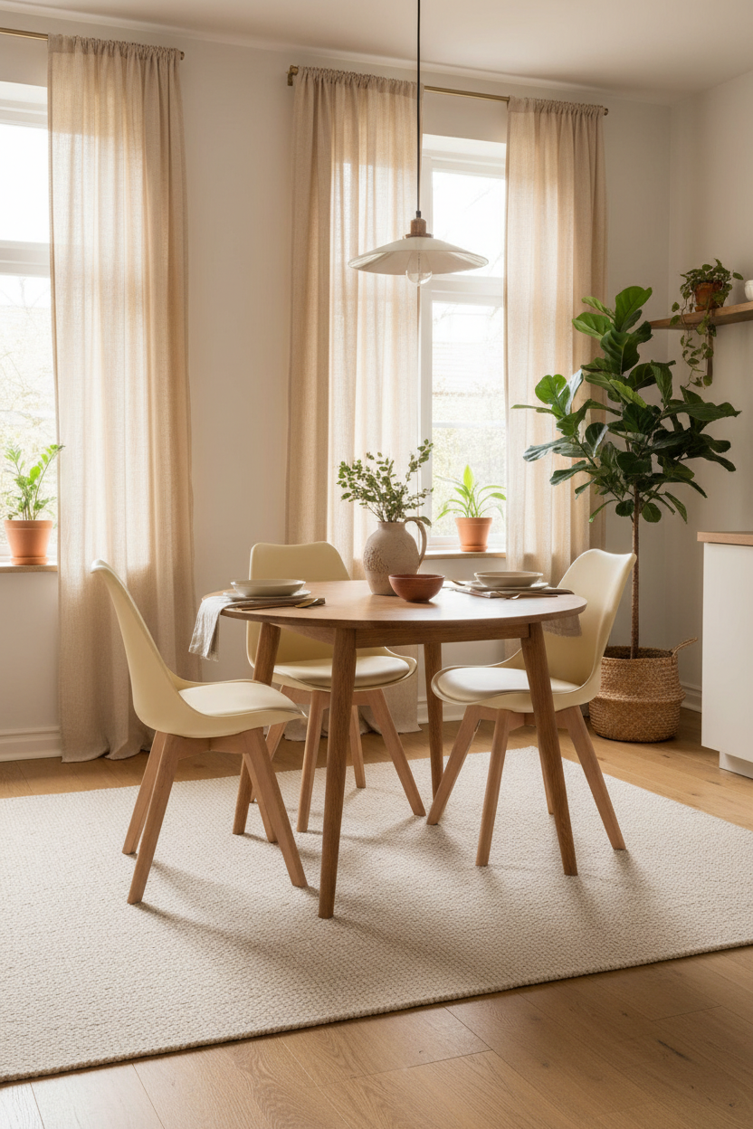 Cadeira Skagen Creme — cozinha escandinava com mesa redonda e acentos terracota