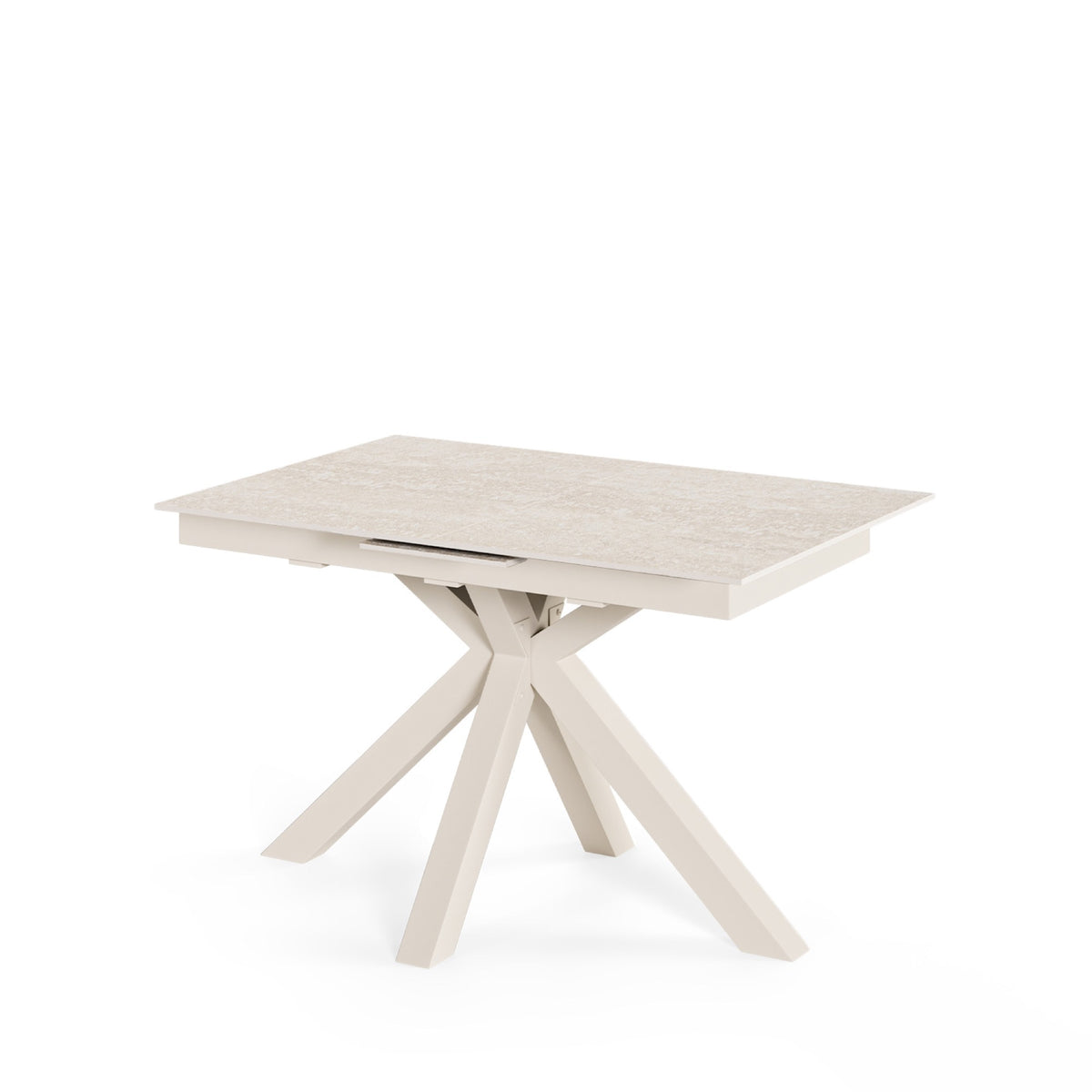 Mesa extensible Lori 160 cm Travertino con tablero de porcelana y patas metálicas en X