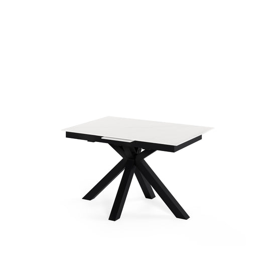 Mesa extensível Lori 140 cm com tampo em porcelana e pés metálicos em X