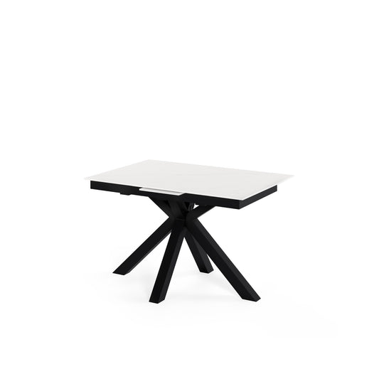 Mesa extensível Lori 140 cm com tampo em porcelana e pés metálicos em X