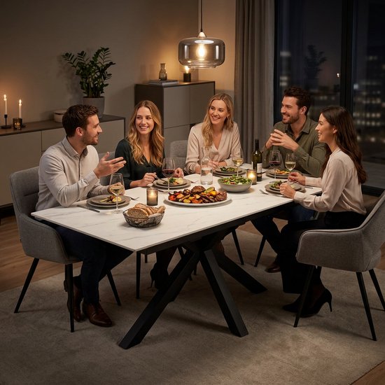 Lori 160 cm extendable table in Clay – setting with friends having dinner