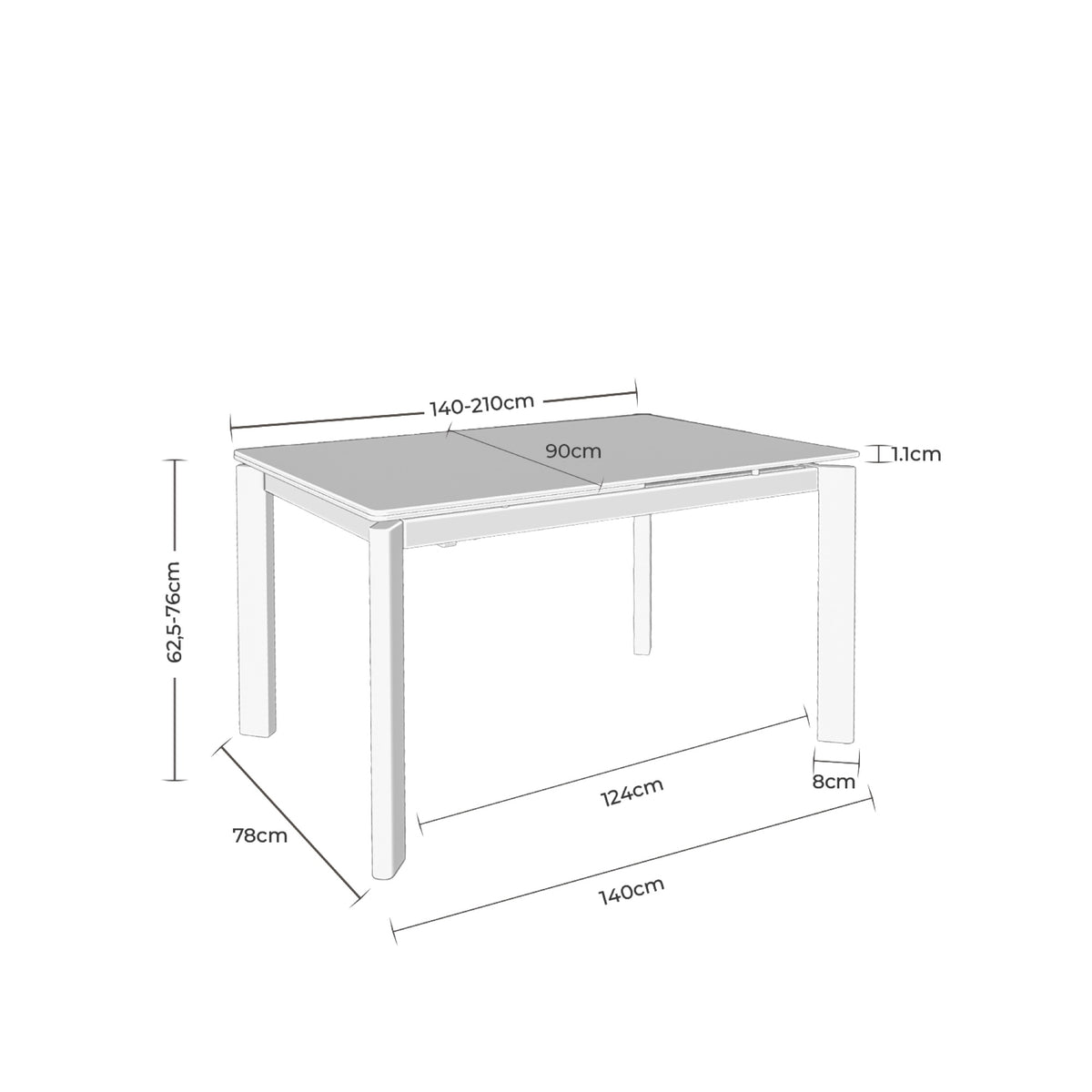 Mesa Constance 140 Extensível Bege – esquema com as medidas