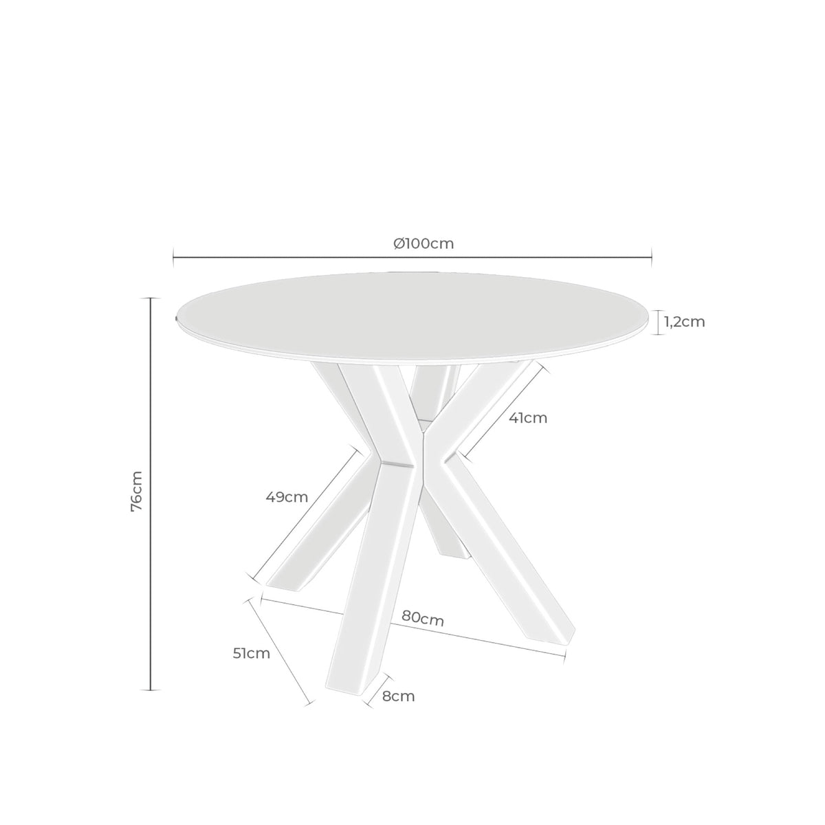 Mesa Fiorella 100 creta e bege – esquema com as medidas