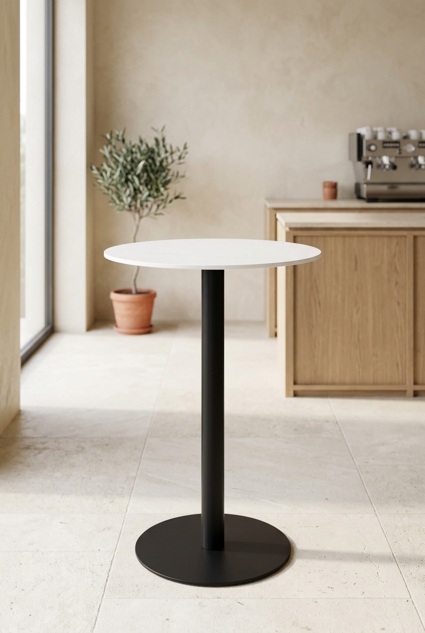 Mesa Lya com tampo branco em ambiente de cafetaria