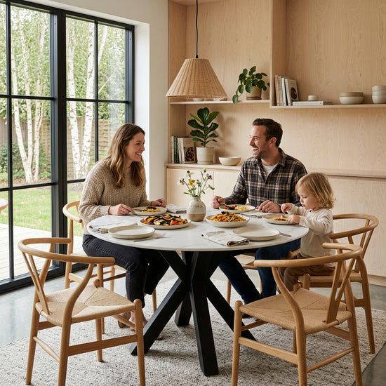 Mesa redonda Fiorella 120 cm en Creta – ambiente con una familia cenando