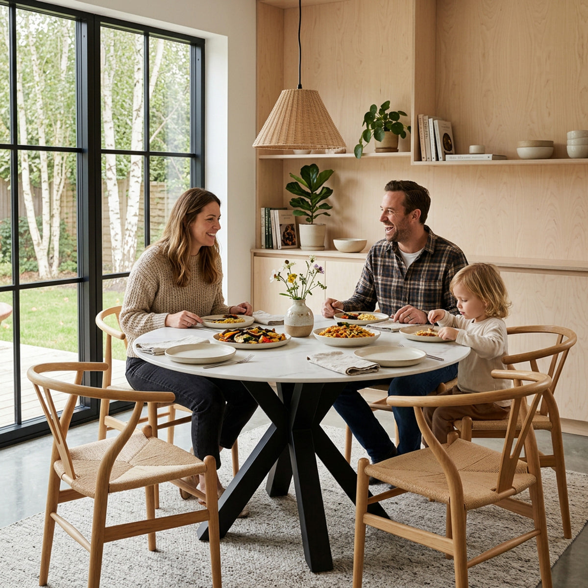 Mesa redonda Fiorella 120 cm en Creta – ambiente con una familia cenando
